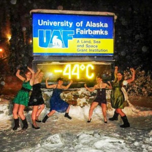 Five college students in dresses when it's -44 degrees Celsius